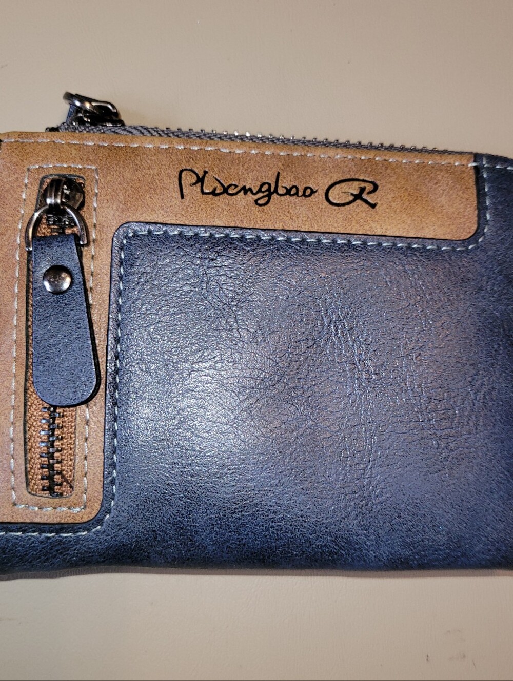 Pidengbao wallet Blue & Natural Leather Bi-fold Wallet.